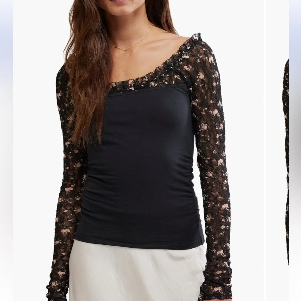 FREE PEOPLE JOSIE FLORAL YOKE LONG SLEEVE TOP SMALL BLACK PINK
